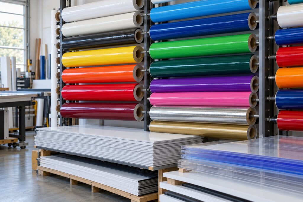 A wall rack of colored sign vinyl rolls with sheets of aluminum composite and acrylic stacked below