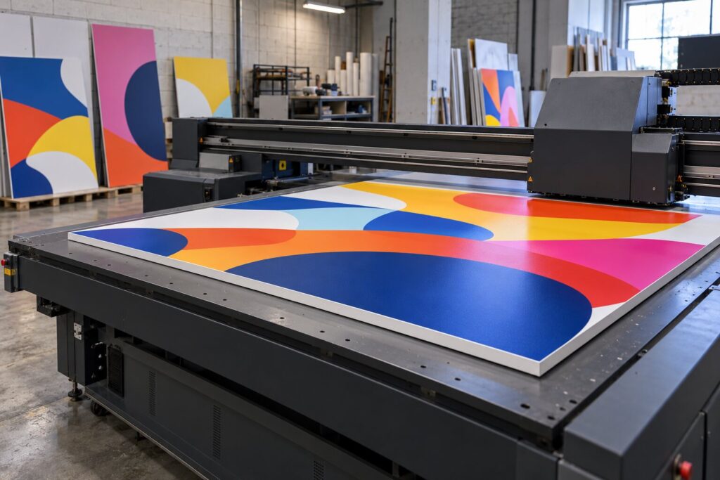 A UV flatbed printer with a freshly printed rigid panel on its bed and more printed panels leaning against the wall