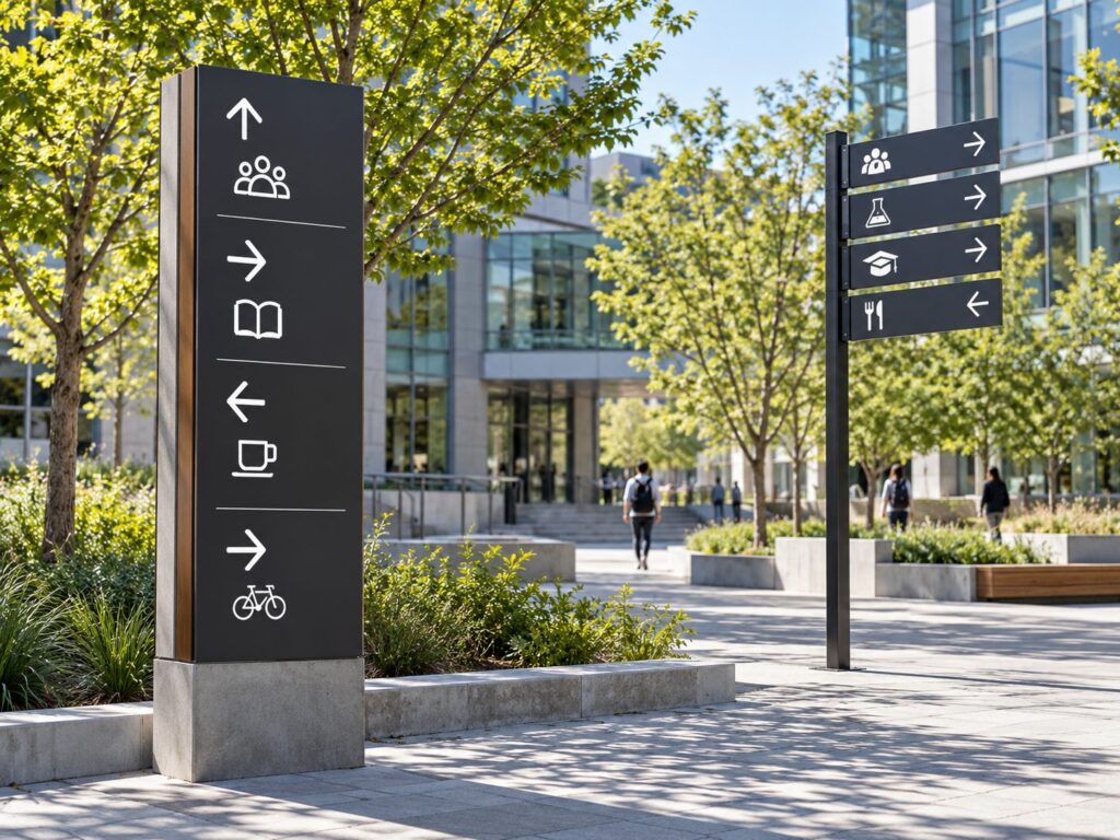 Wayfinding totem and fingerpost signs on a university campus plaza