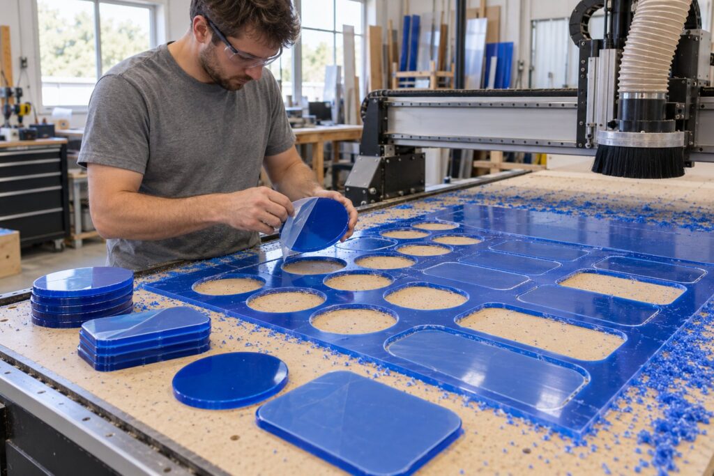 An operator unloads freshly routed acrylic discs and shapes from the bed of a CNC router