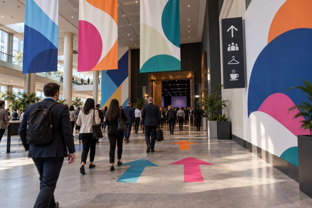 Ceiling-hung printed banners, wall graphics and floor arrows guiding delegates in a conference foyer