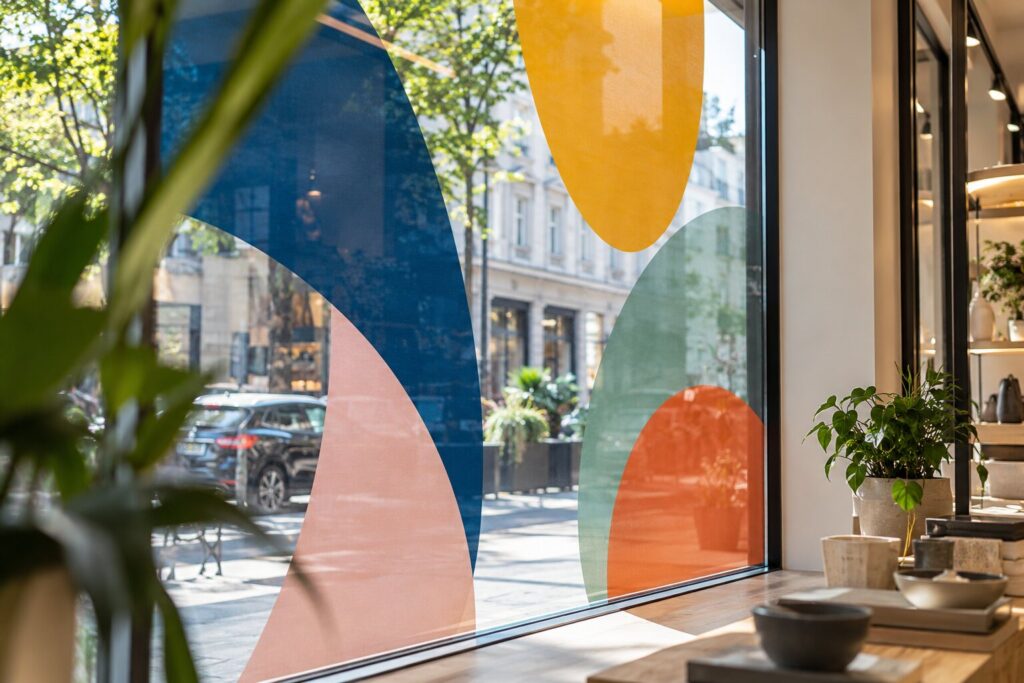 Shop window with a colorful abstract printed window graphic, seen from inside the store