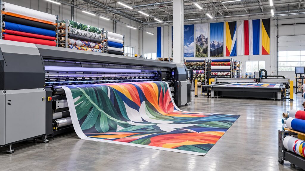 Wide-format fabric printer, printed flags and a flatbed cutting table in a print factory