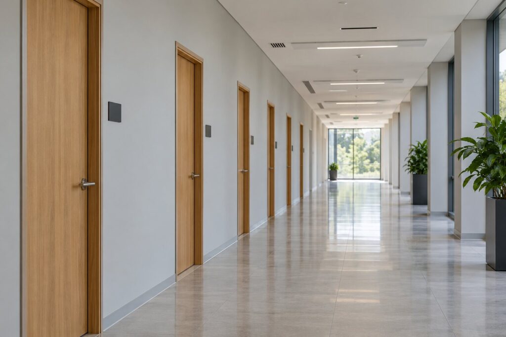 A long office corridor with a row of doors, each with a small room sign mounted on the wall beside the latch side