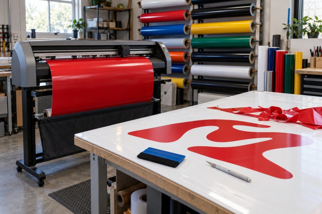 A small sign shop with a vinyl cutter loaded with red vinyl, an application table with tools and racks of colored vinyl
