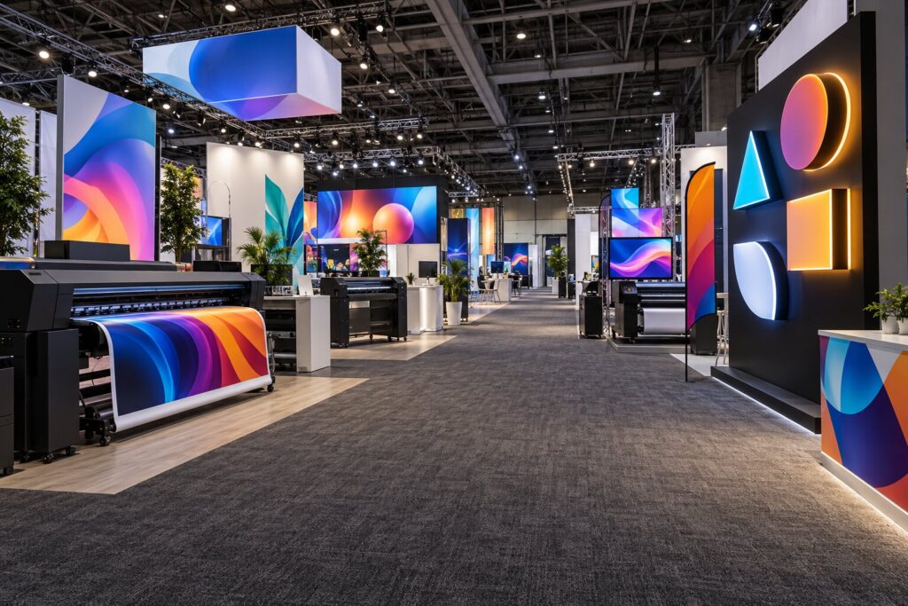 A sign and print trade show hall before opening, with wide format printers, LED screens and illuminated displays on the booths