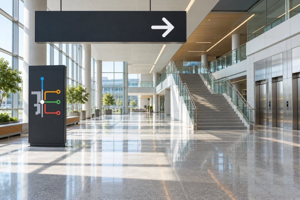 A bright building atrium with an overhead directional sign and a freestanding wayfinding totem near the stairs and lifts