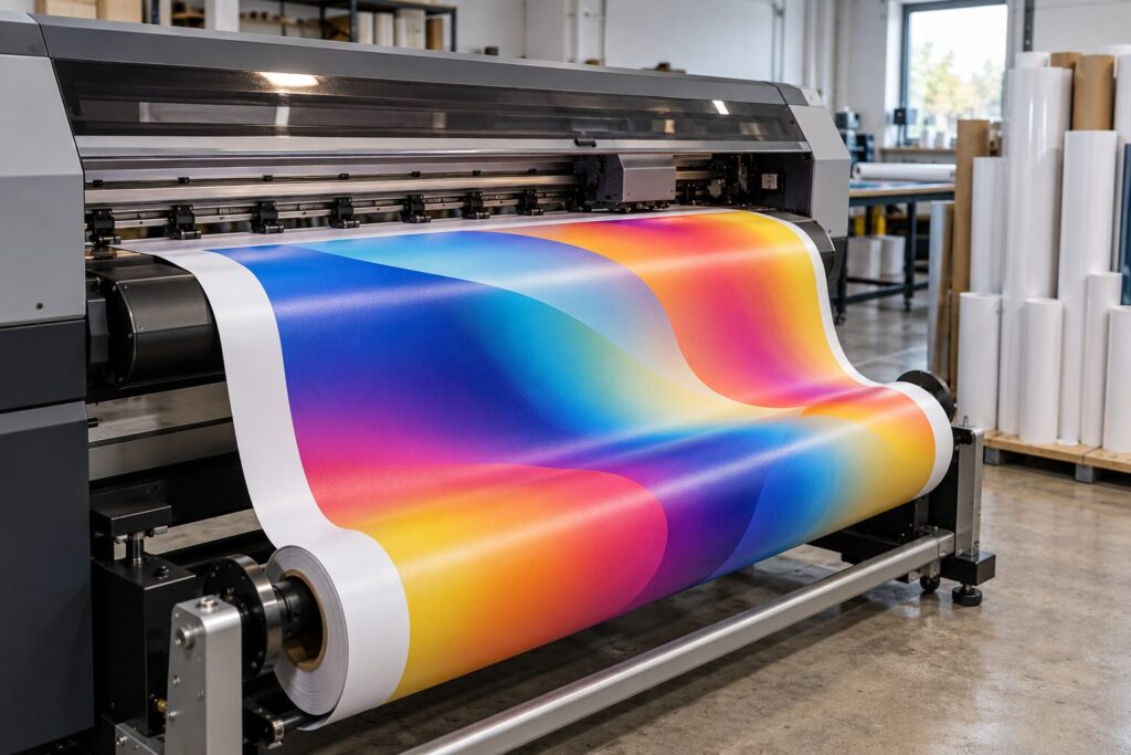 A roll-to-roll wide format printer printing a colorful gradient graphic onto white vinyl in a print shop