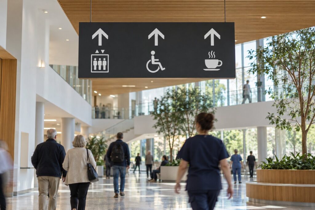 A suspended wayfinding sign with arrows and lift, accessible route and cafe pictograms in a hospital atrium