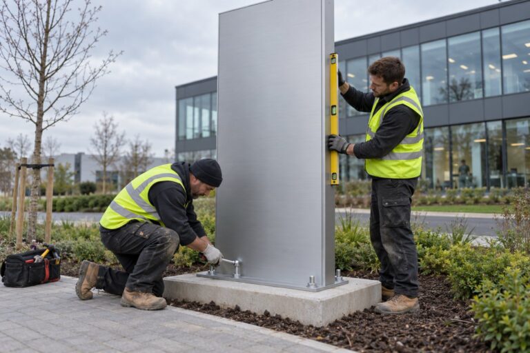 Two sign installers bolt and level a freestanding aluminium monolith sign outside a business park