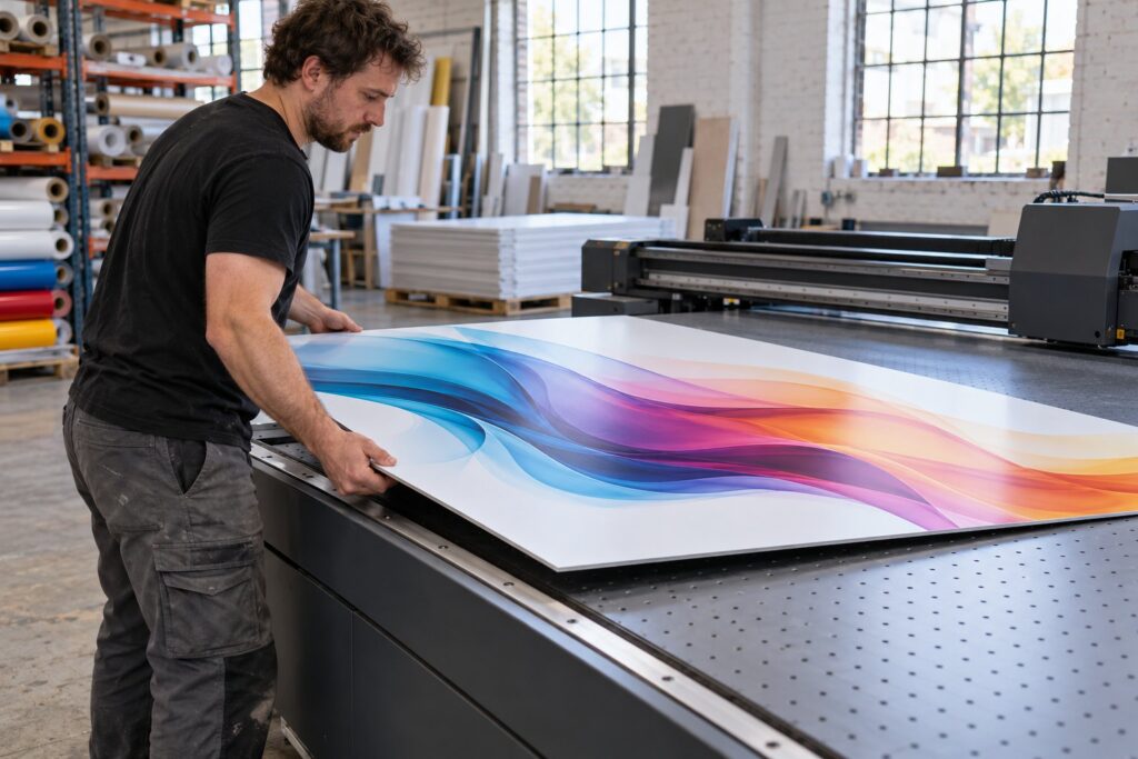 A print technician lifts a freshly printed aluminium composite panel off a UV flatbed printer in a sign workshop