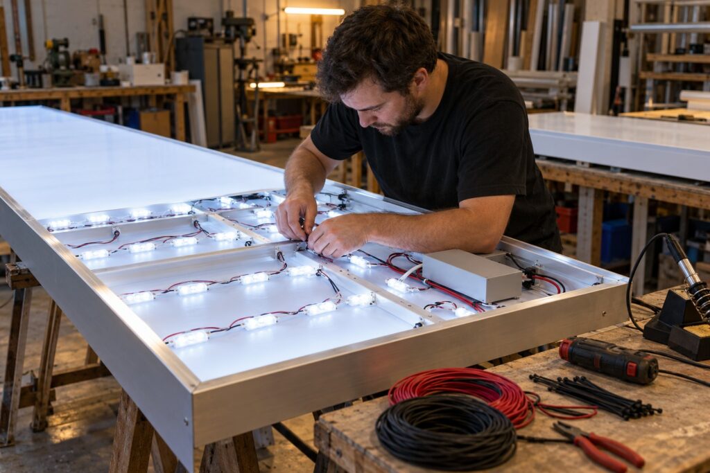 A sign fabricator wires LED modules inside an aluminium lightbox sign in the workshop