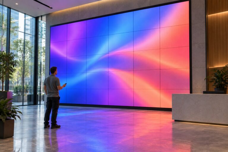 A technician checks a large LED video wall built from cabinets in a corporate reception lobby