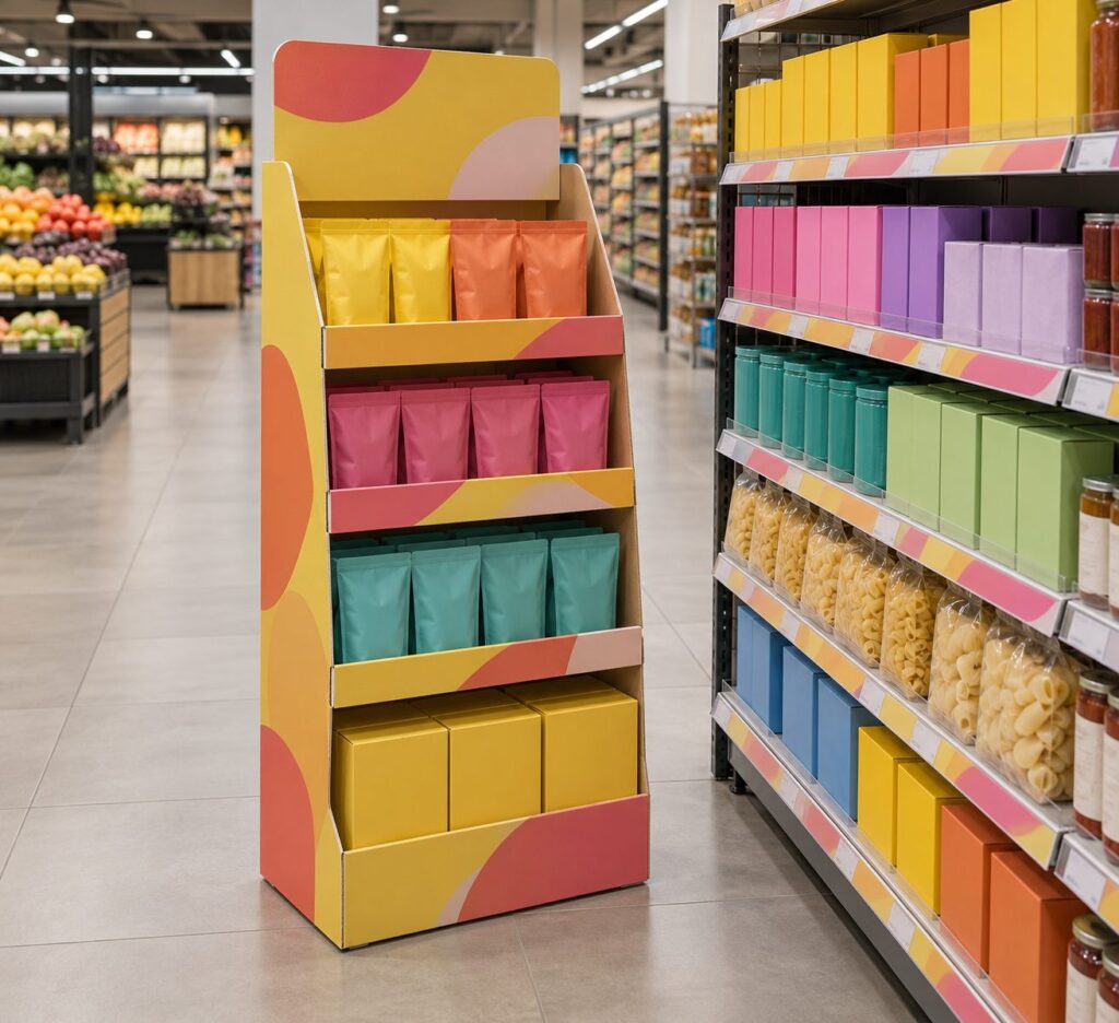 A freestanding point of sale display unit and shelf-edge graphics in a supermarket aisle