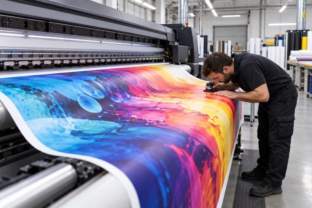 A print technician inspects a banner coming off a roll-to-roll large-format printer