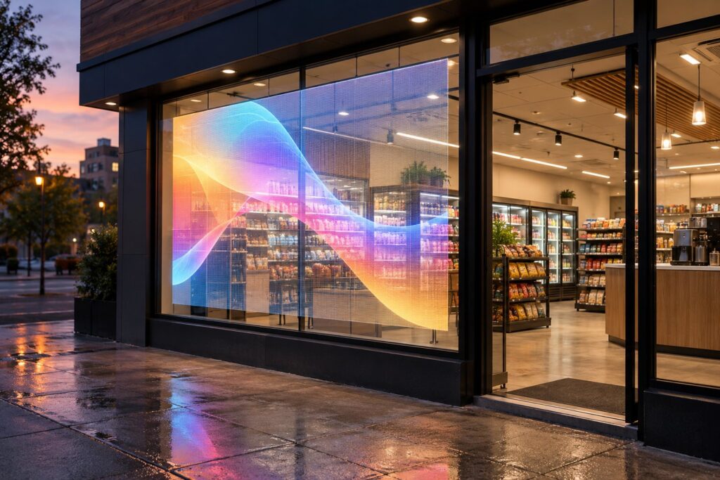 Transparent LED display showing a colorful graphic inside a shop window at dusk