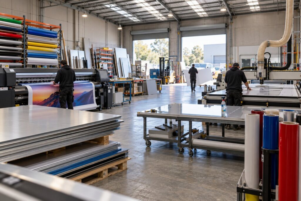Sign-making workshop with a wide-format printer, CNC router and stacks of aluminum composite sheet