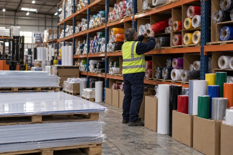 A warehouse worker takes a roll of coloured sign vinyl from racking above pallets of sheet materials