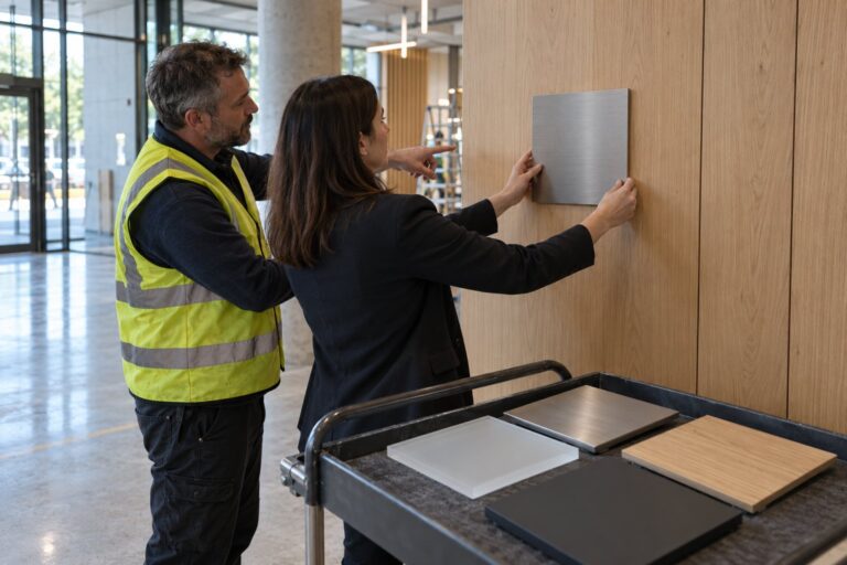 A signage consultant holds a brushed metal sample against a lobby wall while a site manager points out the position