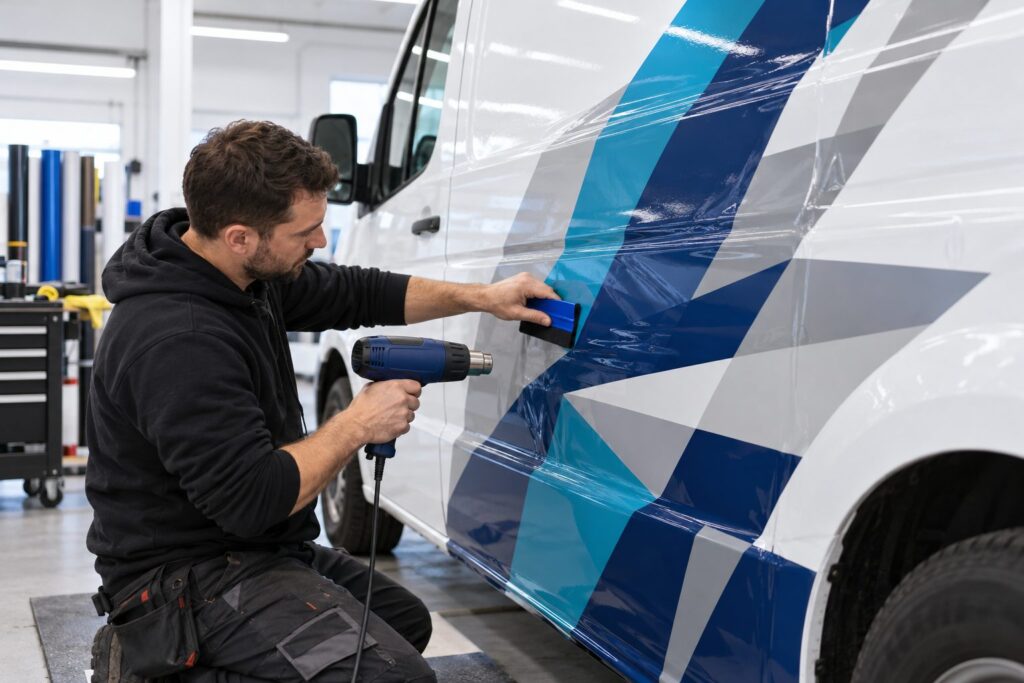 A fitter applying printed wrap film to the side of a white van